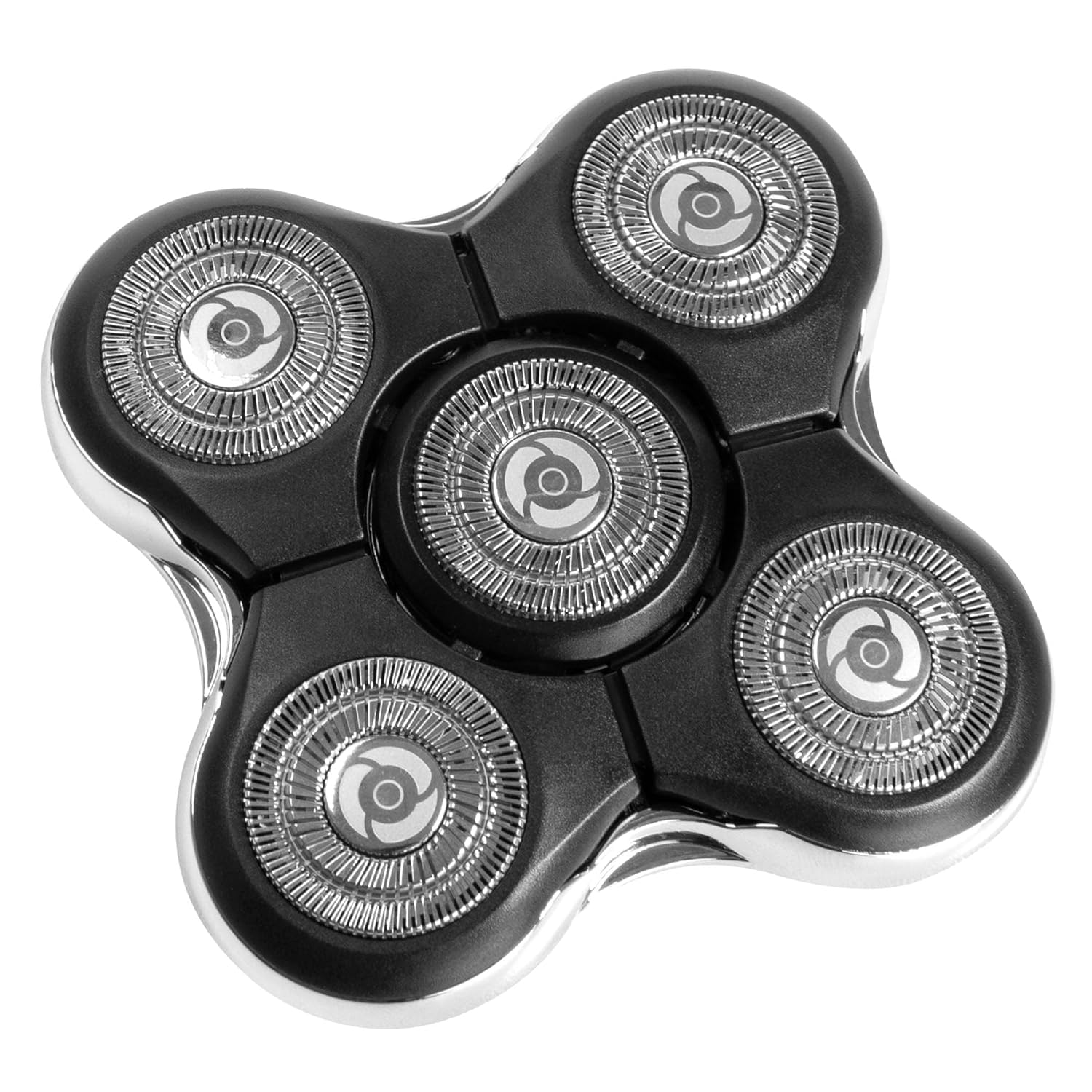 Black and silver rotary shaver head on a white background