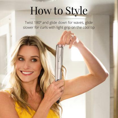 Woman using a hair straightener with text on how to style hair.
