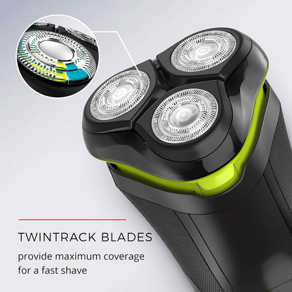 Electric shaver with twintrack blades on a light gray background