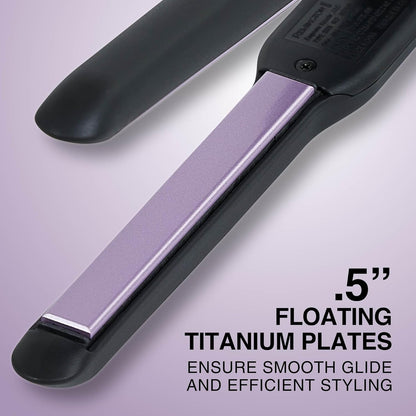 Hair straightener with floating titanium plates on a light purple background