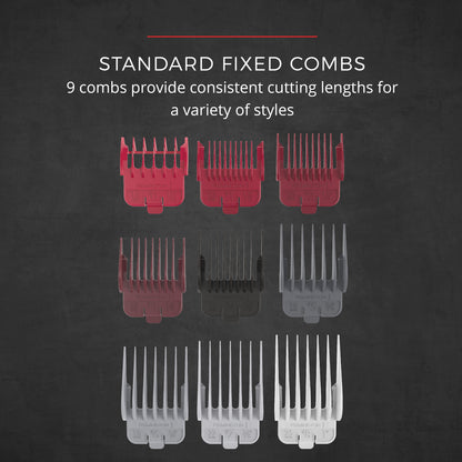 Set of standard fixed combs on a dark background with text describing their use.