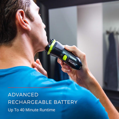 Person using a rechargeable electric shaver with text about battery life.