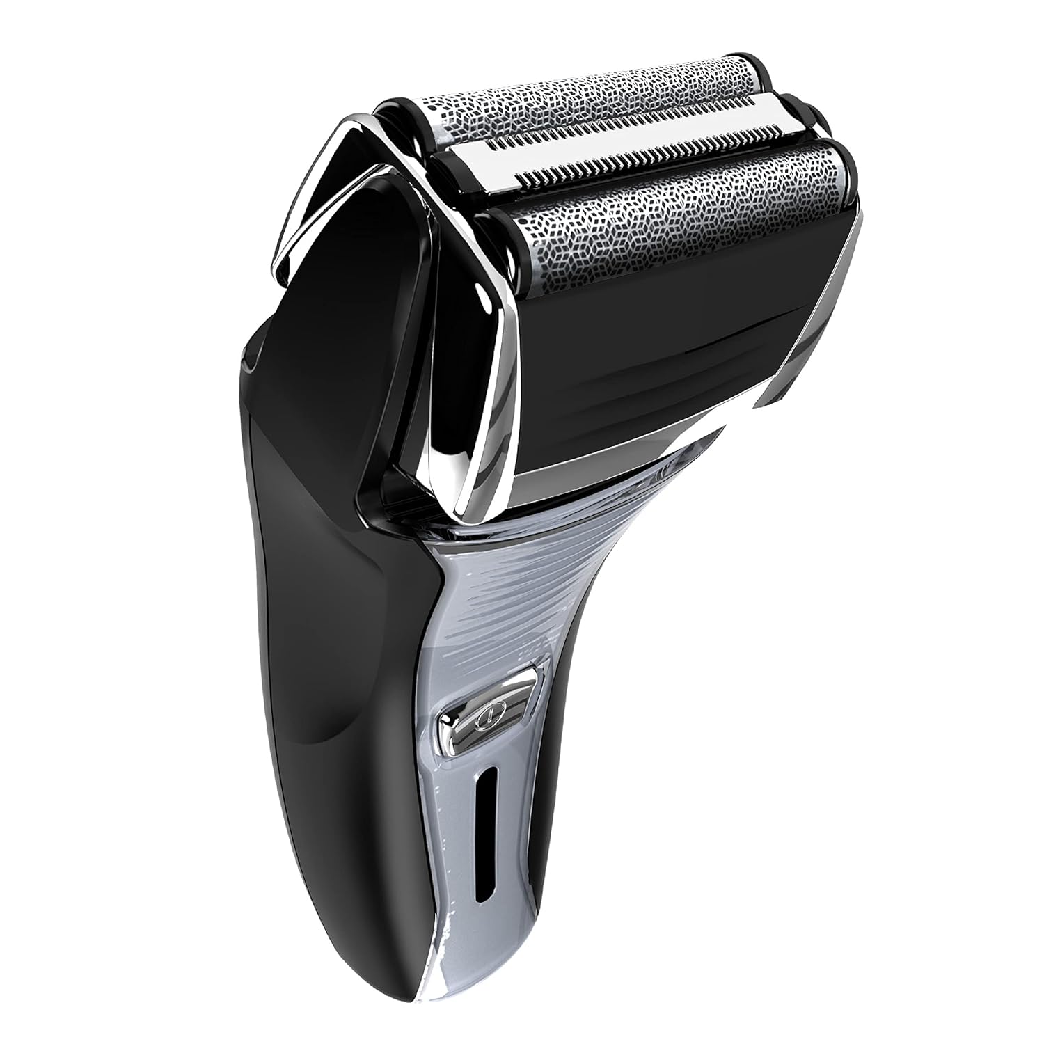 Black and silver electric shaver on a white background