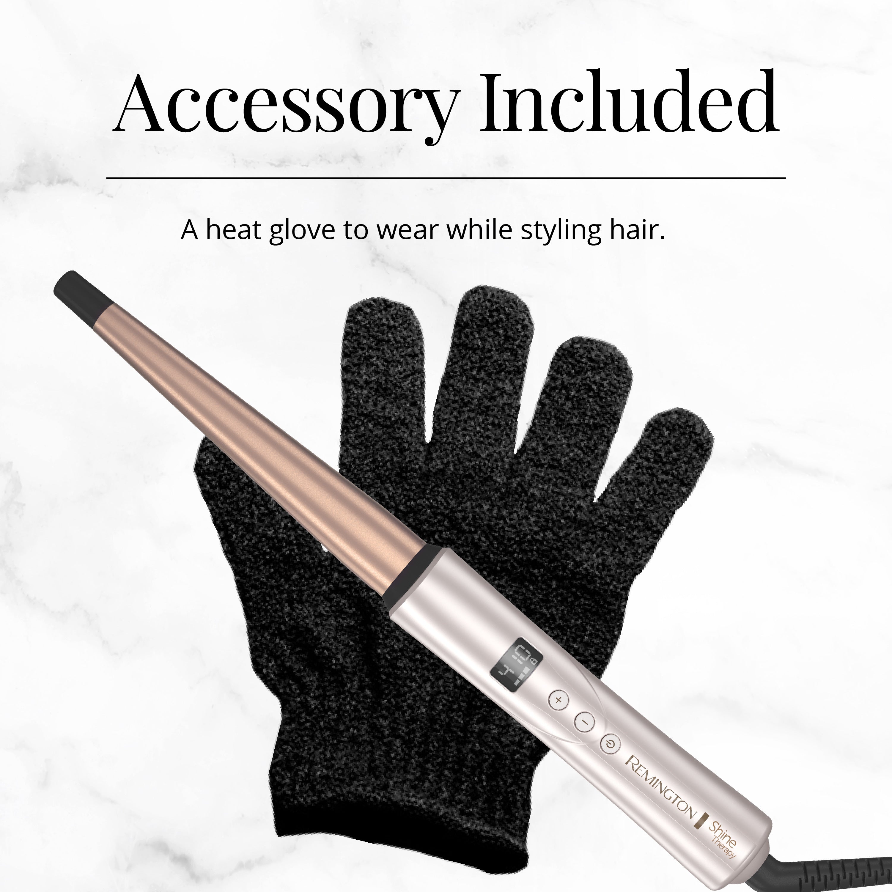 Hair styling tool with a black glove on a white background