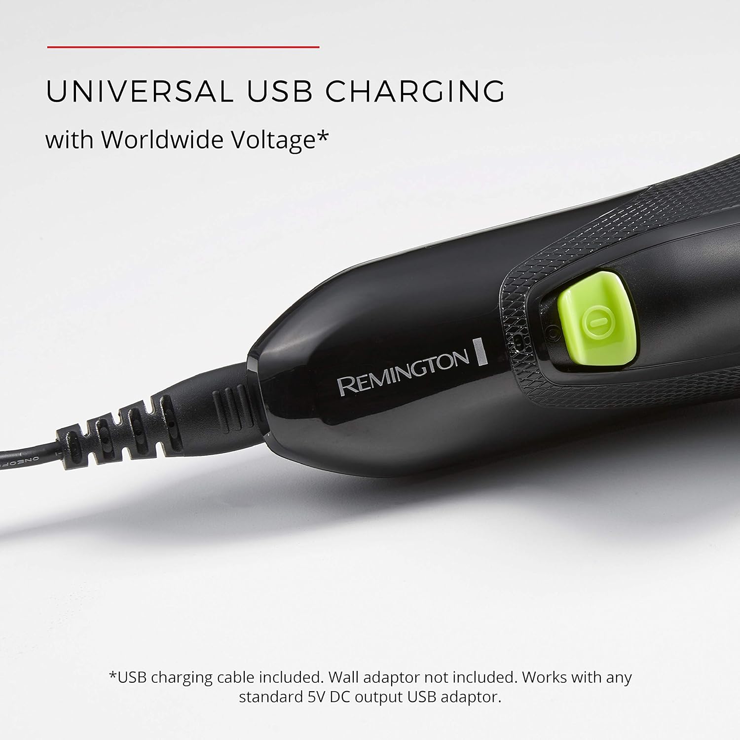Remington grooming tool with USB charging cable on a light gray background