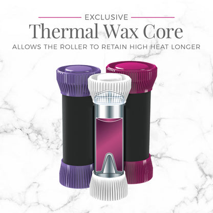 Purple and black waxing tool with roller on a marble background