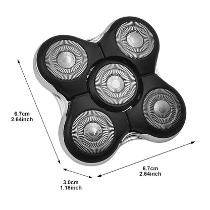 Shaver head with five circular cutting elements and dimensions labeled on a white background
