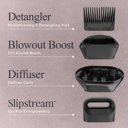 Set of hair styling tools with labels on a beige background