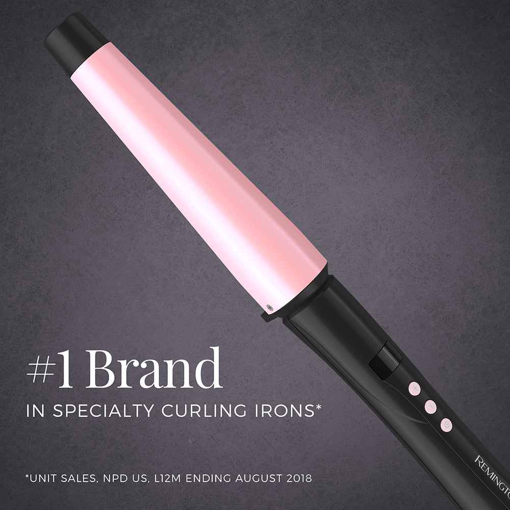 Black and pink specialty curling iron on a dark gray background with text claiming it's the #1 brand.