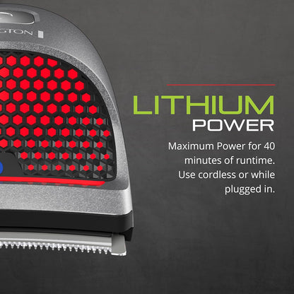 Grooming tool with red hexagonal pattern and text about lithium power on a dark background