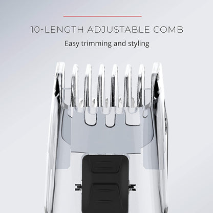 10-length adjustable comb for easy trimming and styling on a gray background