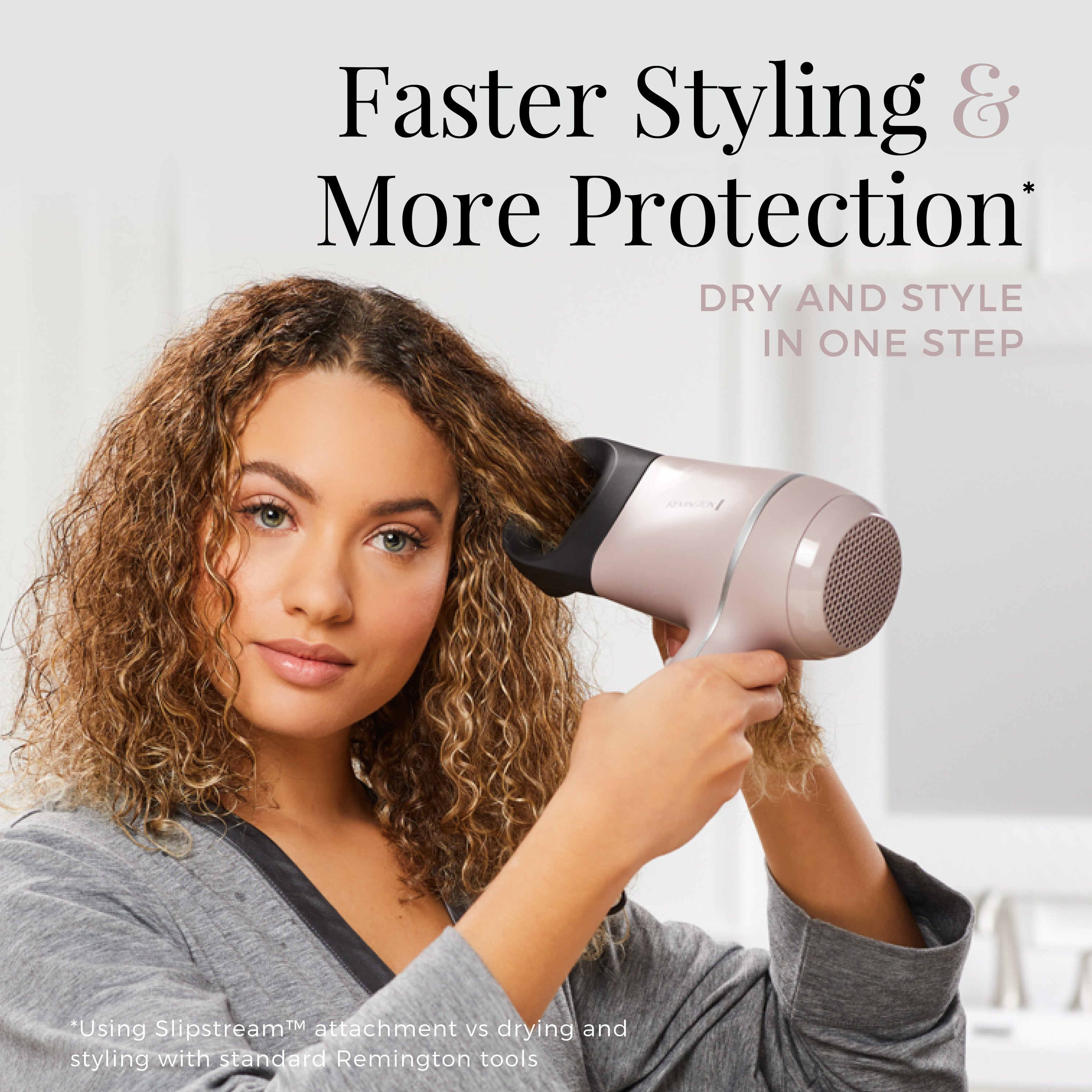 Woman using a hair dryer with text about faster styling and more protection