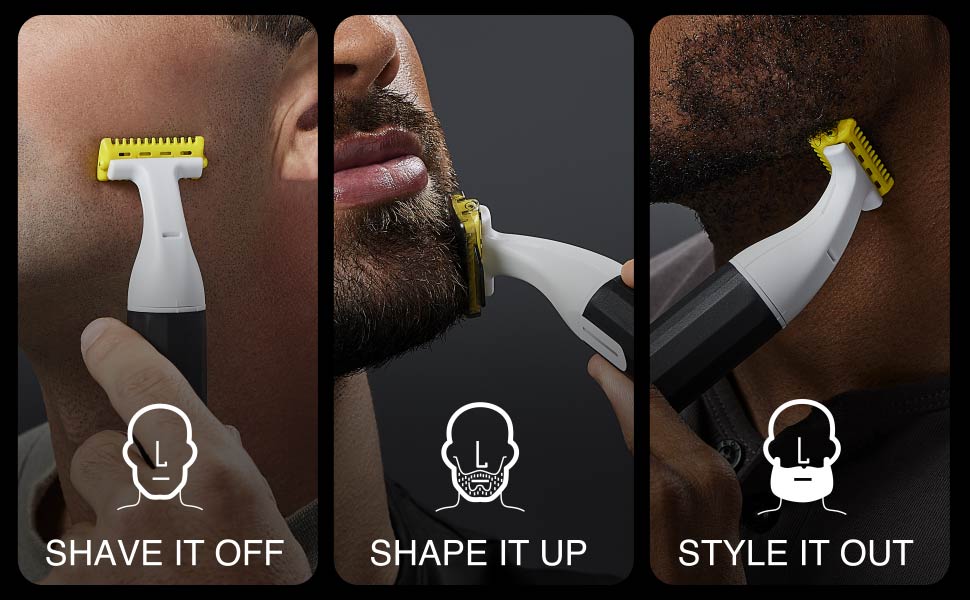 Three stages of grooming with a razor, brush, and trimmer on a dark background.