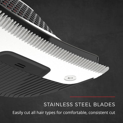Hair trimmer with stainless steel blades on a dark background