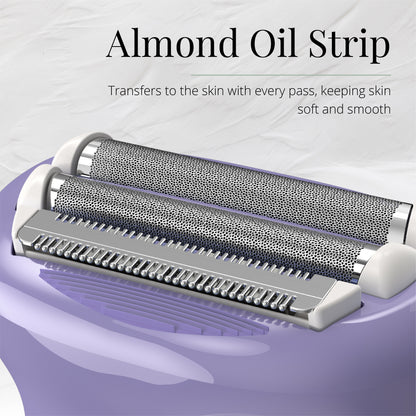 Roller with textured surface on a purple background, labeled 'Almond Oil Strip'.