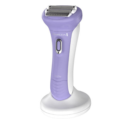 Purple and white electric shaver on a white background