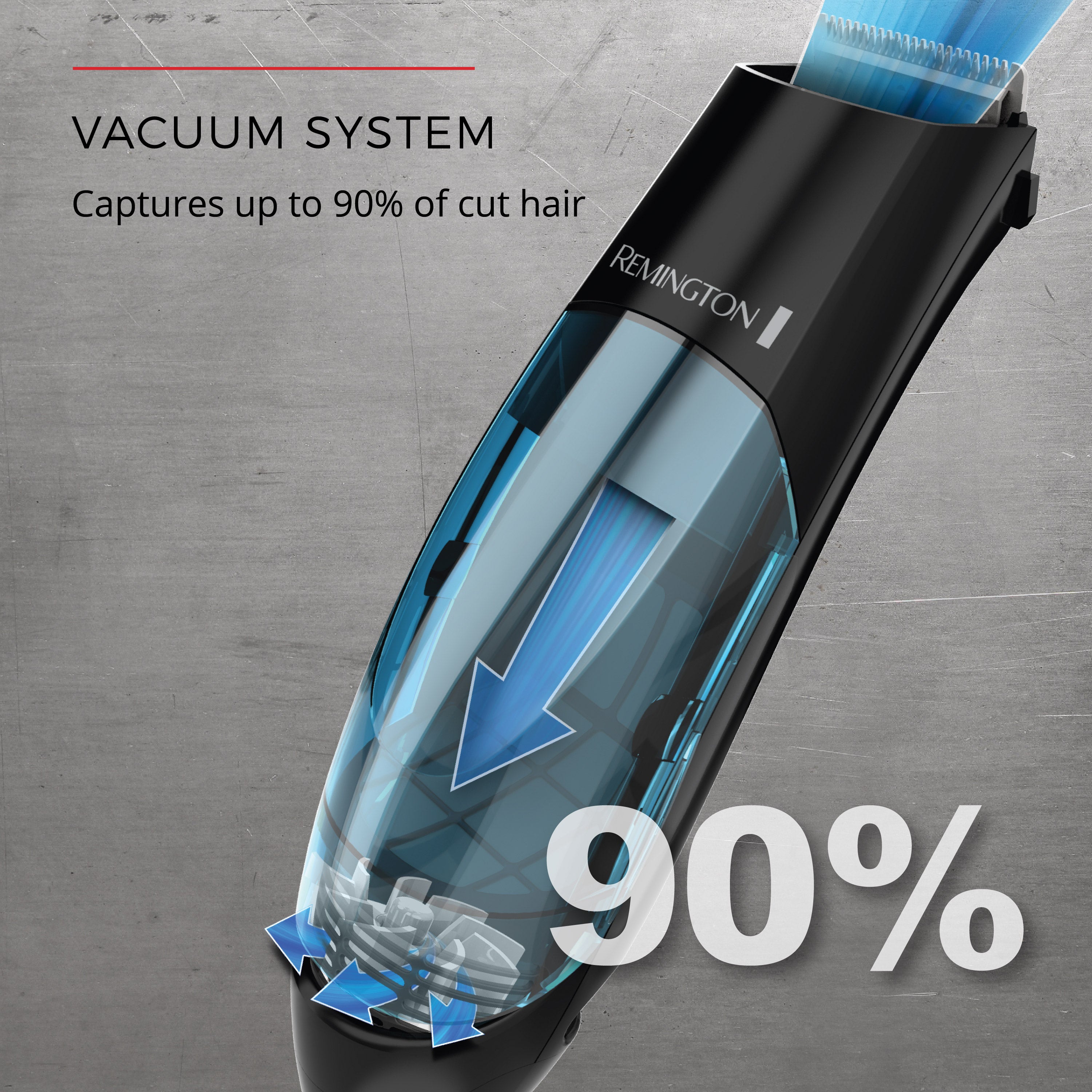 Remington hair removal device with vacuum system feature on a gray background