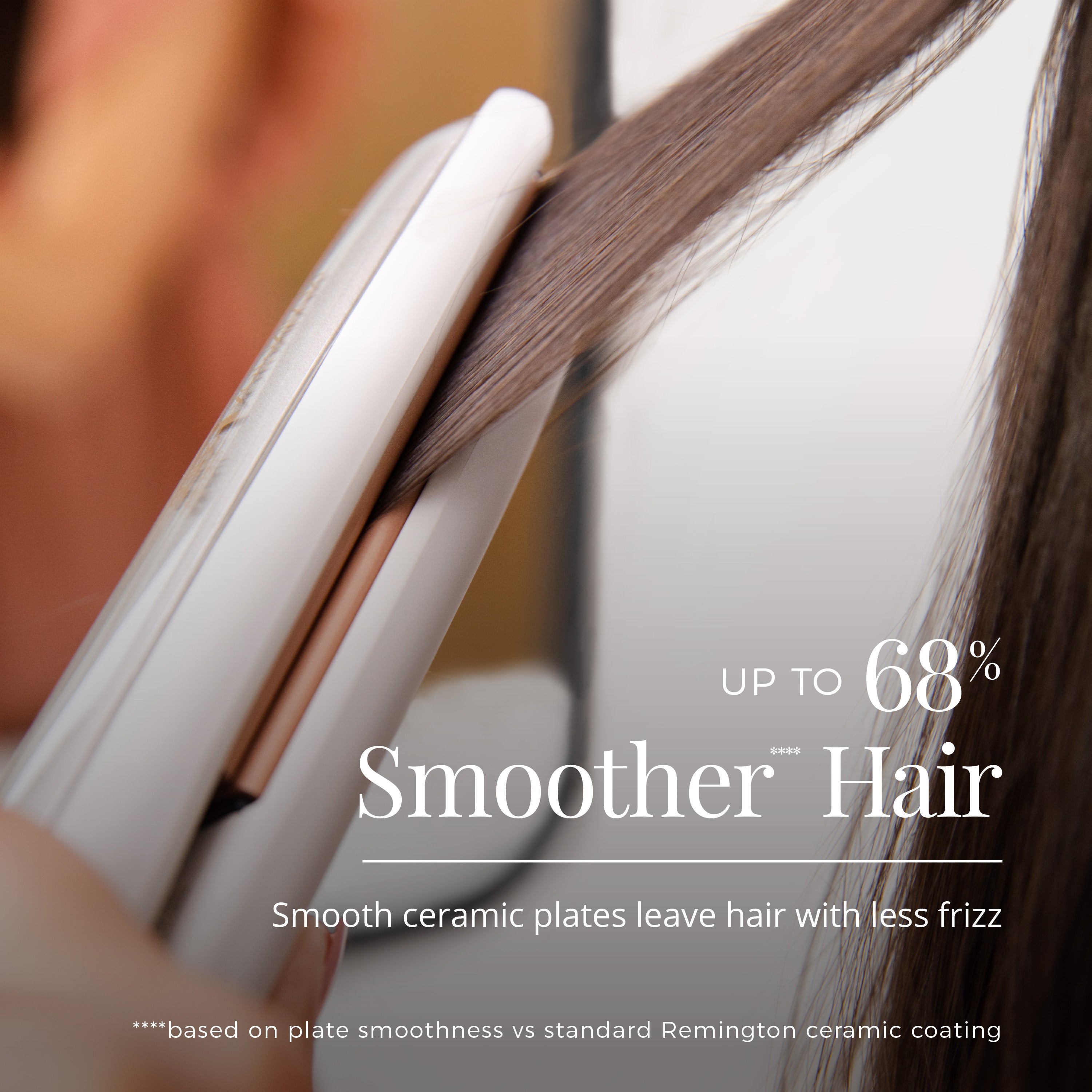 Person using a hair straightener with text about smoother hair and ceramic plates
