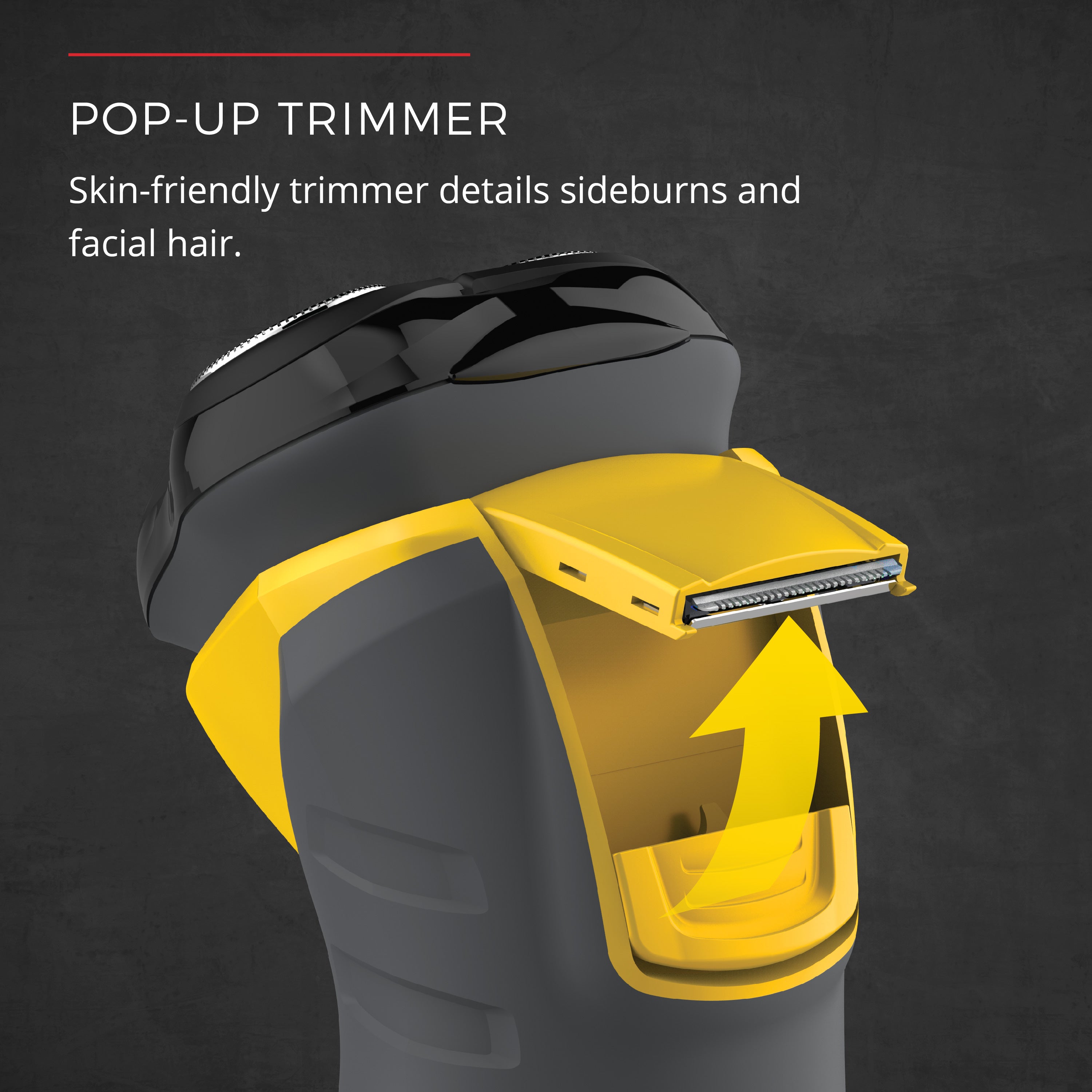 Pop-up trimmer with yellow and black design on a dark background