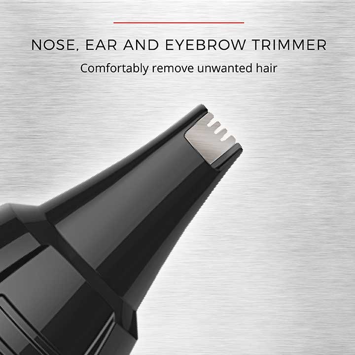 Nose, ear, and eyebrow trimmer on a metallic background with text.