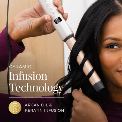 Person using a hair styling tool with text about ceramic infusion technology and argan oil, keratin infusion.
