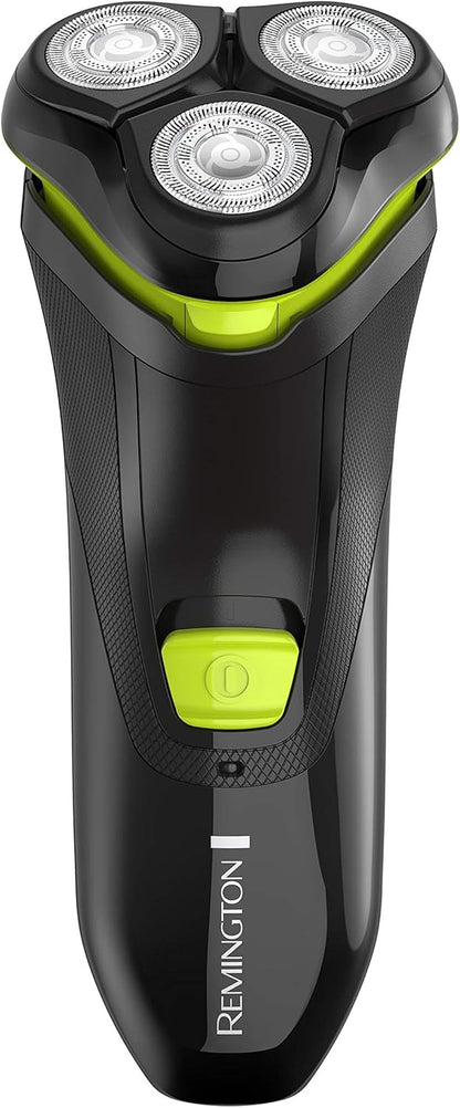 Black and green electric shaver with 'Remington' branding on a white background