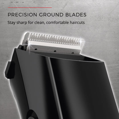 Hair trimmer with precision ground blades on a metallic background
