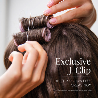 Person using hair rollers with J-Clips on a neutral background