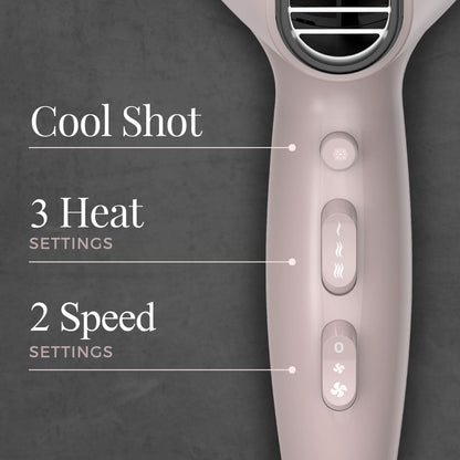 Hair dryer with control buttons and text indicating features on a dark background