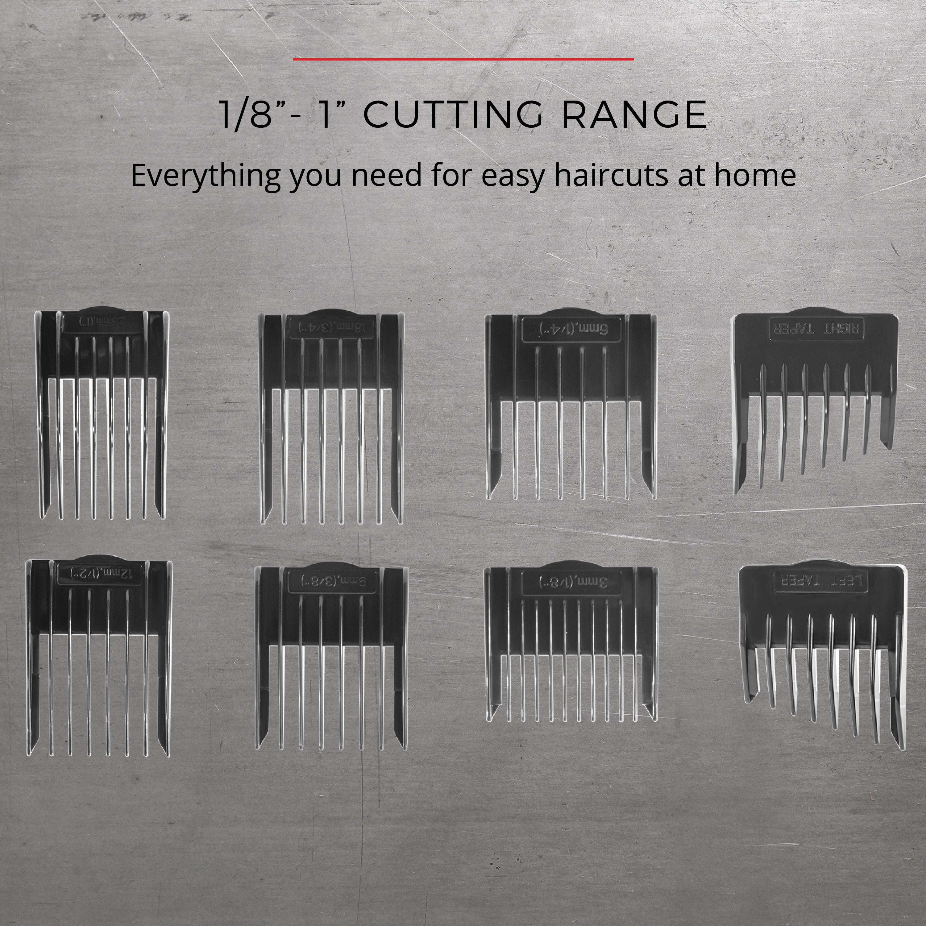 Set of hair cutting combs with text on a gray background