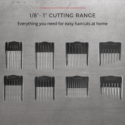 Set of hair cutting combs with text on a gray background