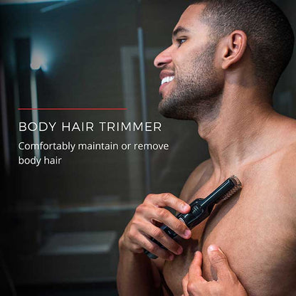 Man using a body hair trimmer with text about its use.