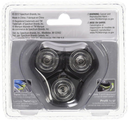 Packaged electric shaver heads with branding and warning labels on a white background