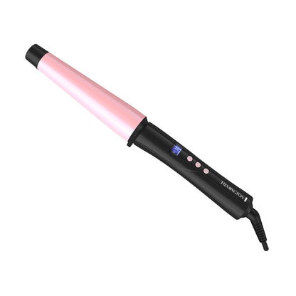 Hair curling iron with pink barrel and black handle on a white background