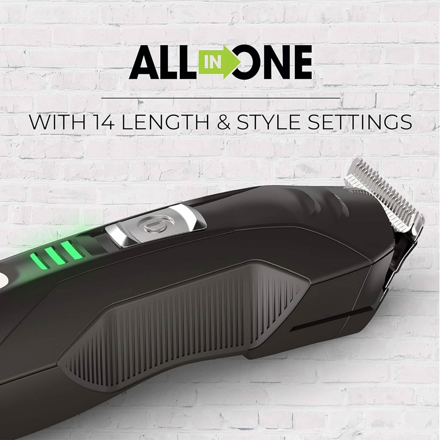 Black hair trimmer with 'All in One' text on a white brick wall background