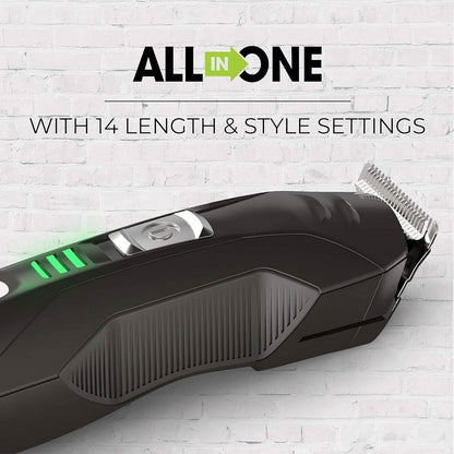 Black hair trimmer with 'All in One' text on a white brick wall background