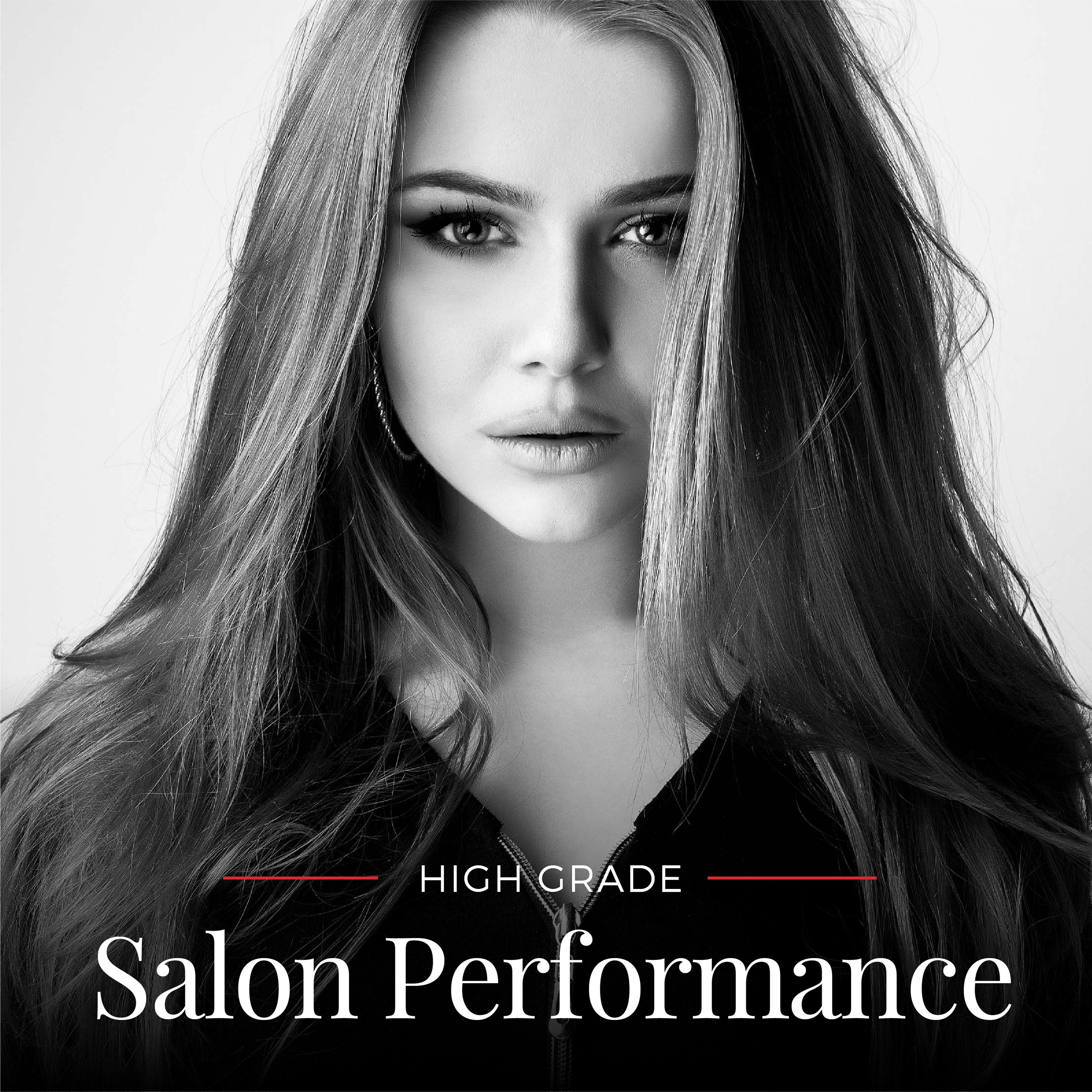 Black and white portrait of a woman with long hair, featuring text 'High Grade Salon Performance'.