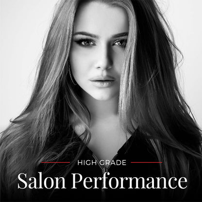 Black and white portrait of a woman with long hair, featuring text 'High Grade Salon Performance'.