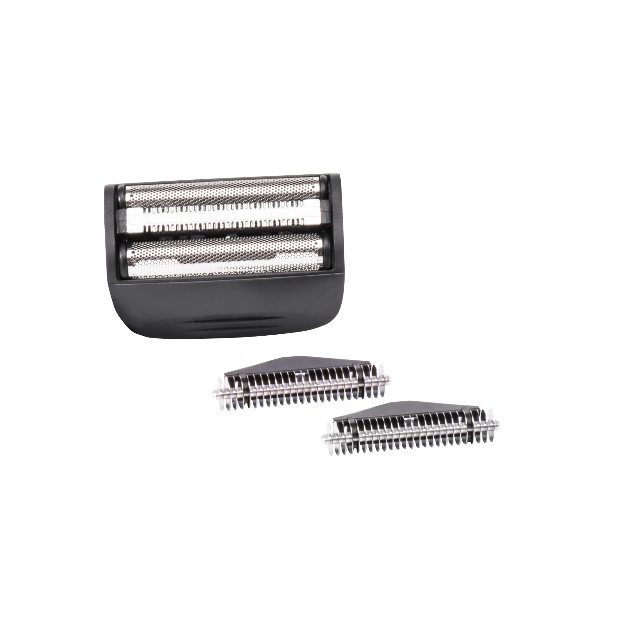 Black and silver shaver head with three additional attachments on a white background