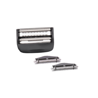 Black and silver shaver head with three additional attachments on a white background