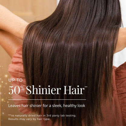 Person with long, shiny brown hair with text about shinier hair.