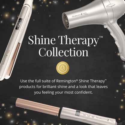 Remington Shine Therapy Collection with hair straightener, hair dryer, and curling iron on a dark background.