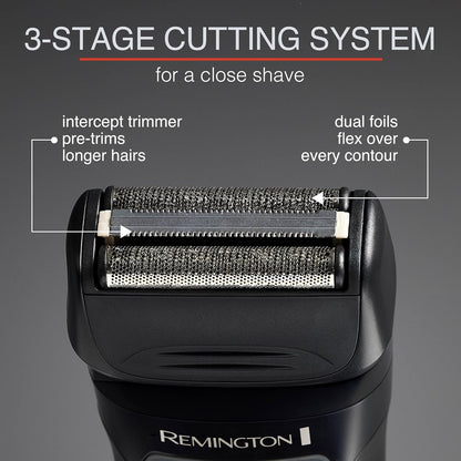 Remington shaver with 3-stage cutting system on a gray background