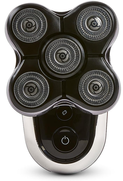 Electric shaver head with multiple rotary heads on a white background