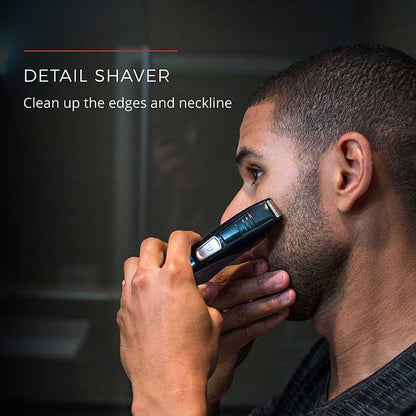 Man using a detail shaver to clean up the edges and neckline with text 'Detail Shaver' and 'Clean up the edges and neckline'.