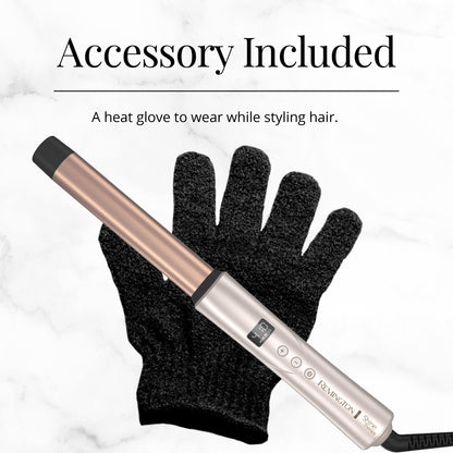 Hair styling tool with black heat-resistant glove on a light background