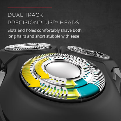 Close-up of a dual-track precision razor head with text on a dark background