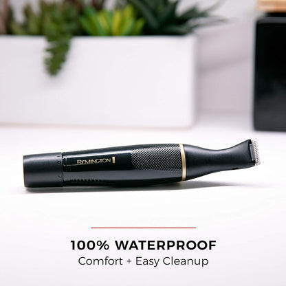 Remington grooming tool on a white surface with text highlighting waterproof feature