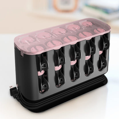 Black hair tie organizer with pink ties on a white surface