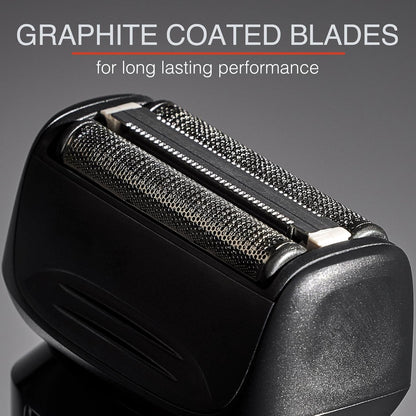 Close-up of a shaver head with graphite coated blades on a gray background